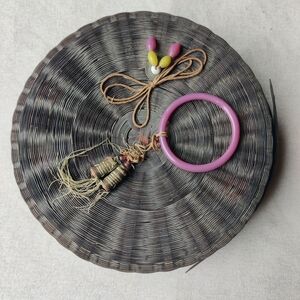 Chinese Woven Sewing Basket VTG Antique 10" Glass Beads Metal Coins Distressed